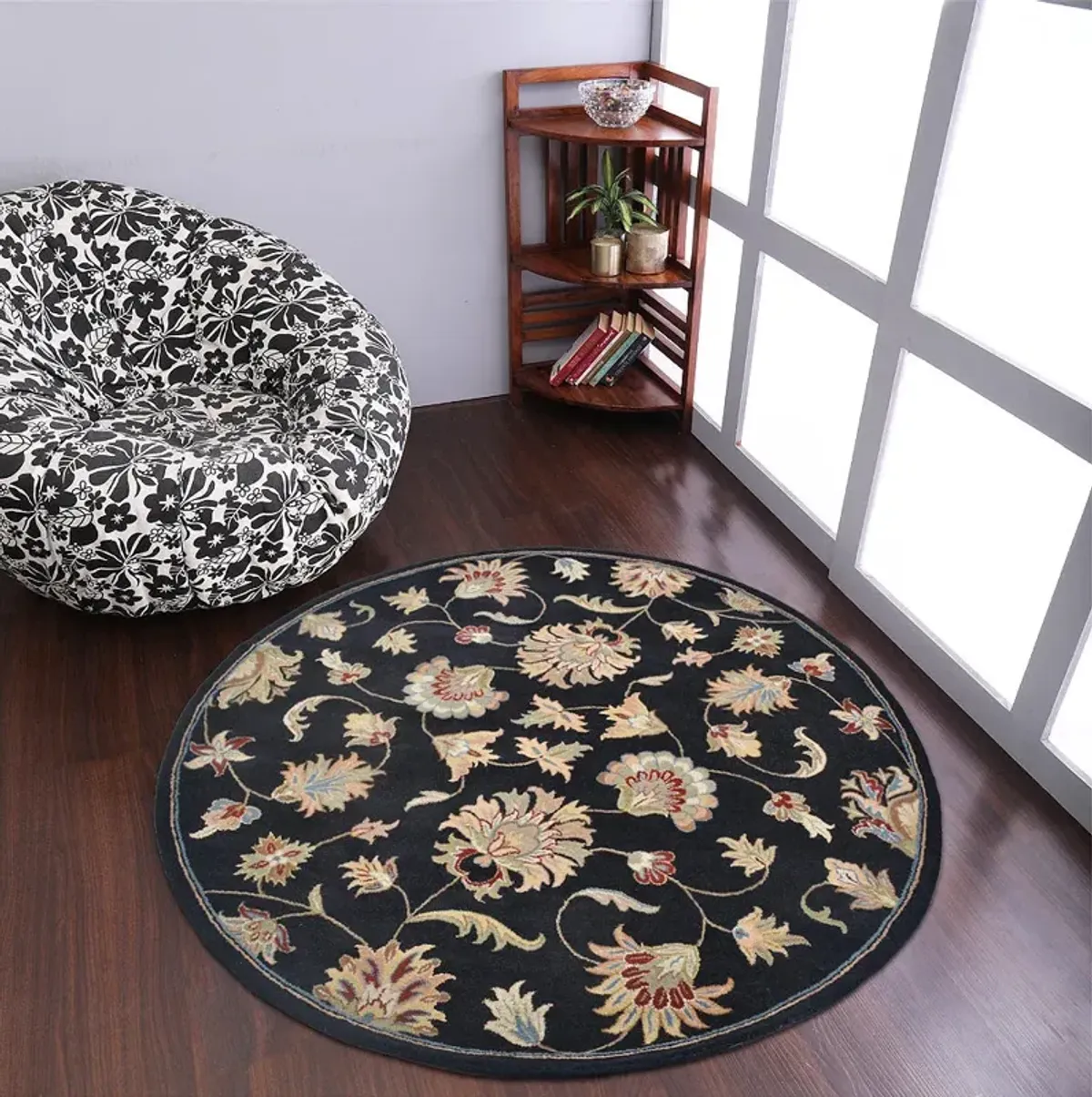 RUGSOTIC CARPETS HAND TUFTED WOOL ECO-FRIENDLY AREA RUGS  - 8'x8', Round Shape, Black, Classic Oriental Traditional  Design, High Pile Handmade Area Rugs for Living Room, Bed Room (K00653)