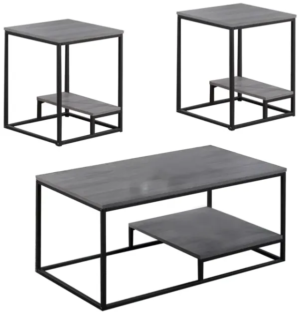 3 Piece Cocktail Set with Coffee Table and 2 End Tables, Wood Shelves, Gray-Benzara