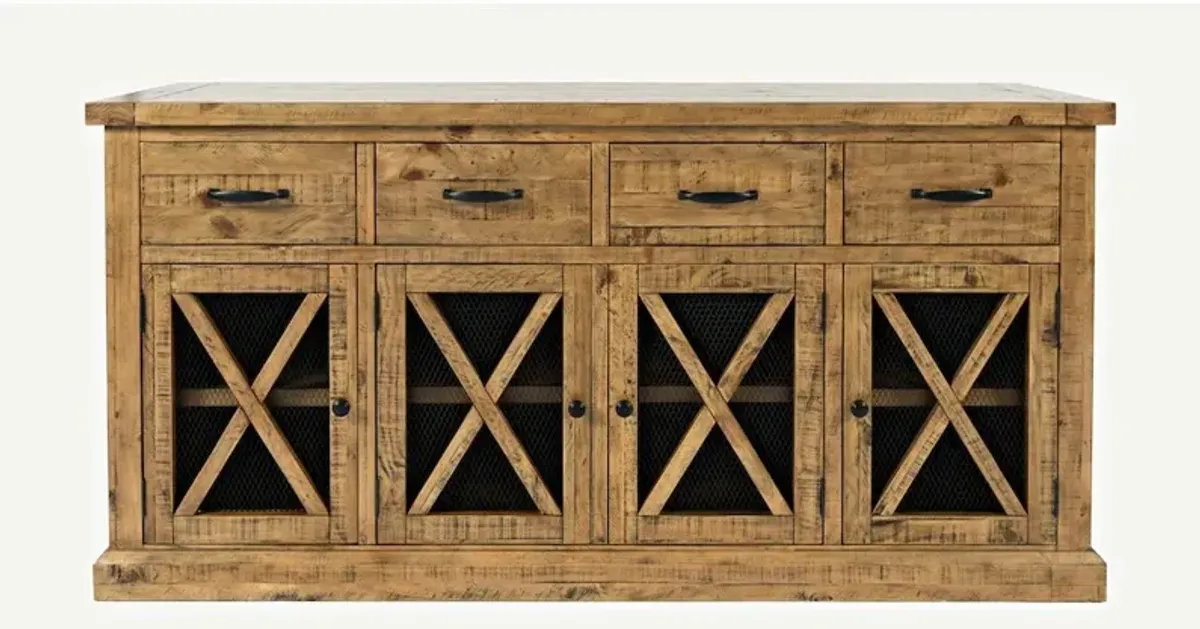 Jofran Telluride Rustic Farmhouse Solid Wood Sideboard Buffet Hutch with LED Lights