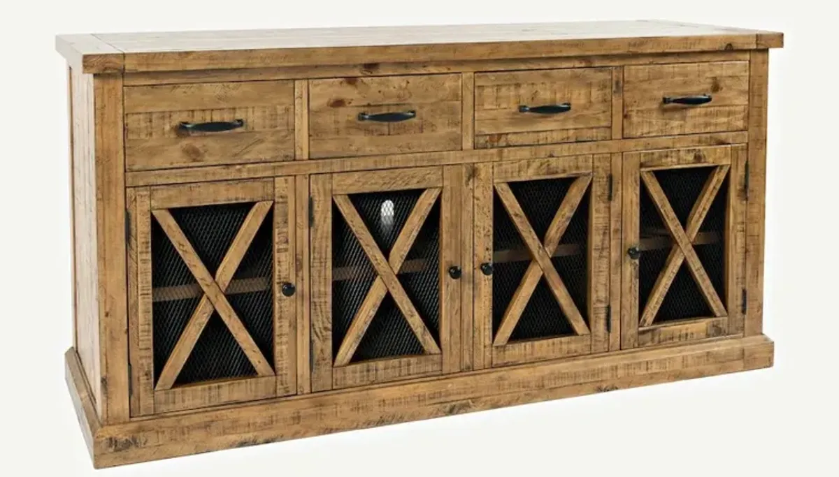 Jofran Telluride Rustic Farmhouse Solid Wood Sideboard Buffet Hutch with LED Lights