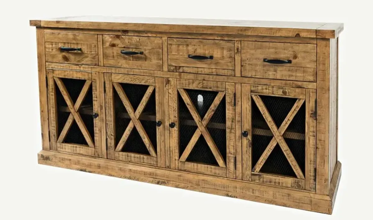 Jofran Telluride Rustic Farmhouse Solid Wood Sideboard Buffet Hutch with LED Lights