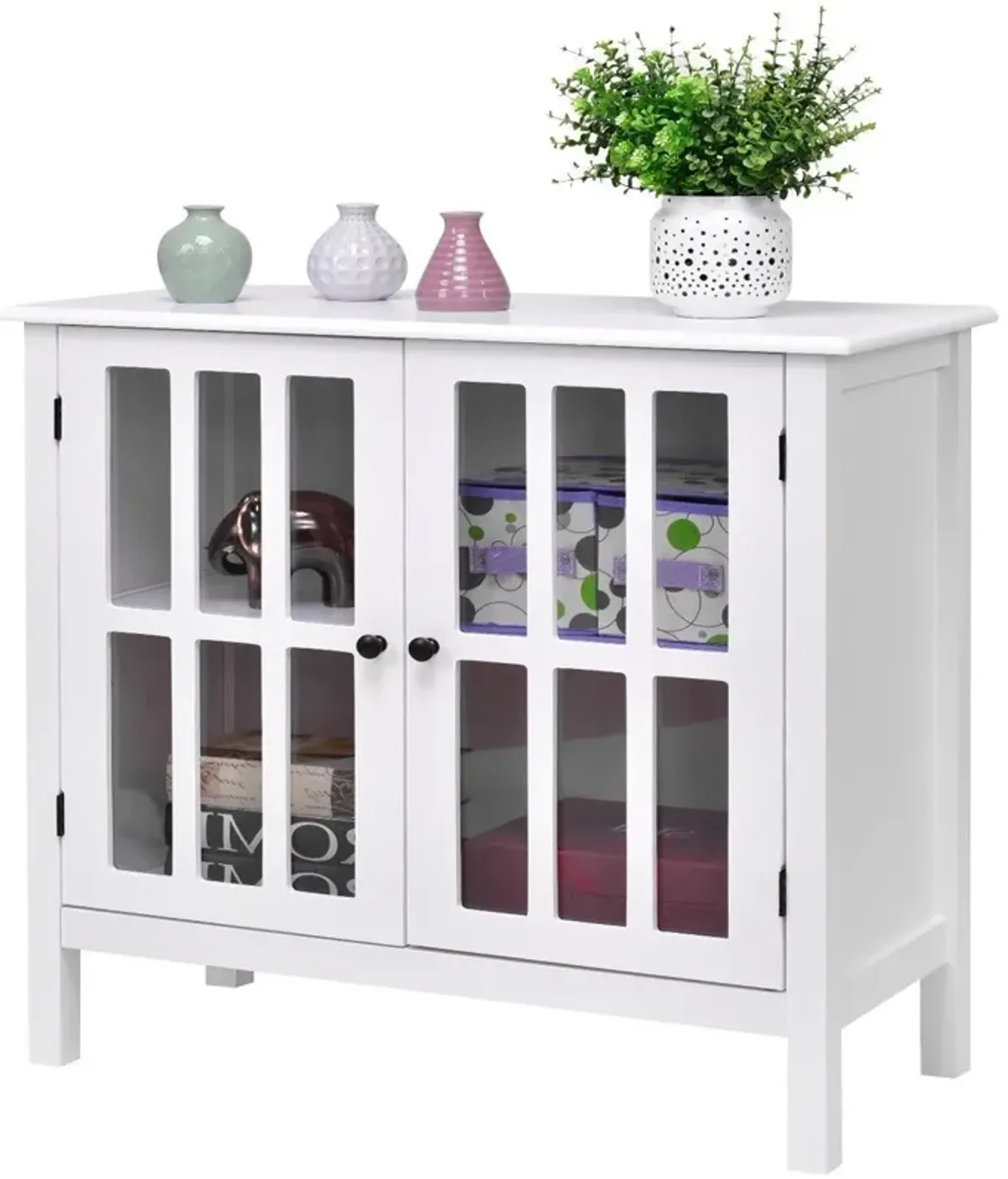 Hivvago White Wood Sideboard Buffet Cabinet with Glass Panel Doors