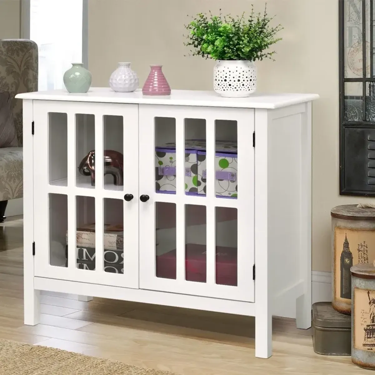 Hivvago White Wood Sideboard Buffet Cabinet with Glass Panel Doors