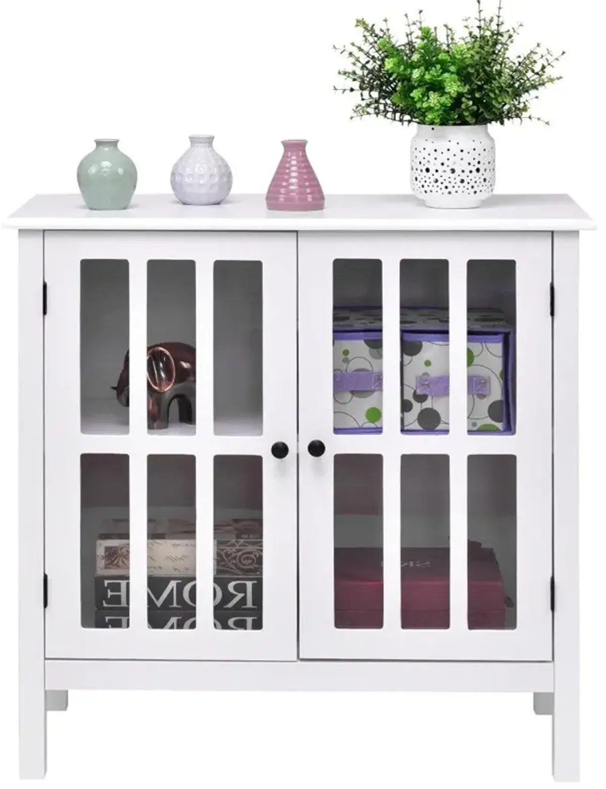 Hivvago White Wood Sideboard Buffet Cabinet with Glass Panel Doors