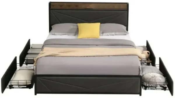 Full Size Black & Gray Bed Frame with 4 Storage Drawers, Wood Metal