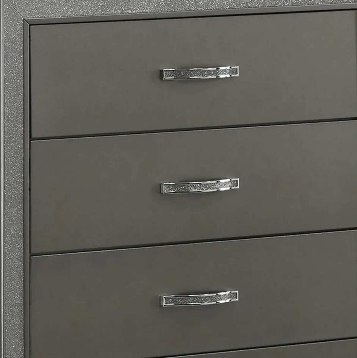 Zuka 47 Inch Tall 5 Drawer Dresser Chest, Faux Diamond Trim, Modern Gray-Benzara