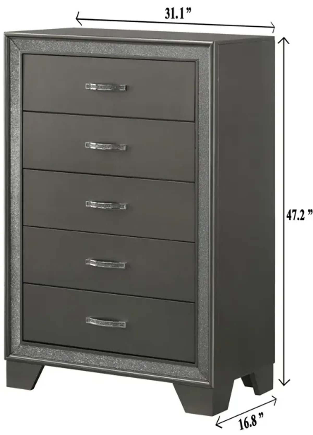 Zuka 47 Inch Tall 5 Drawer Dresser Chest, Faux Diamond Trim, Modern Gray-Benzara