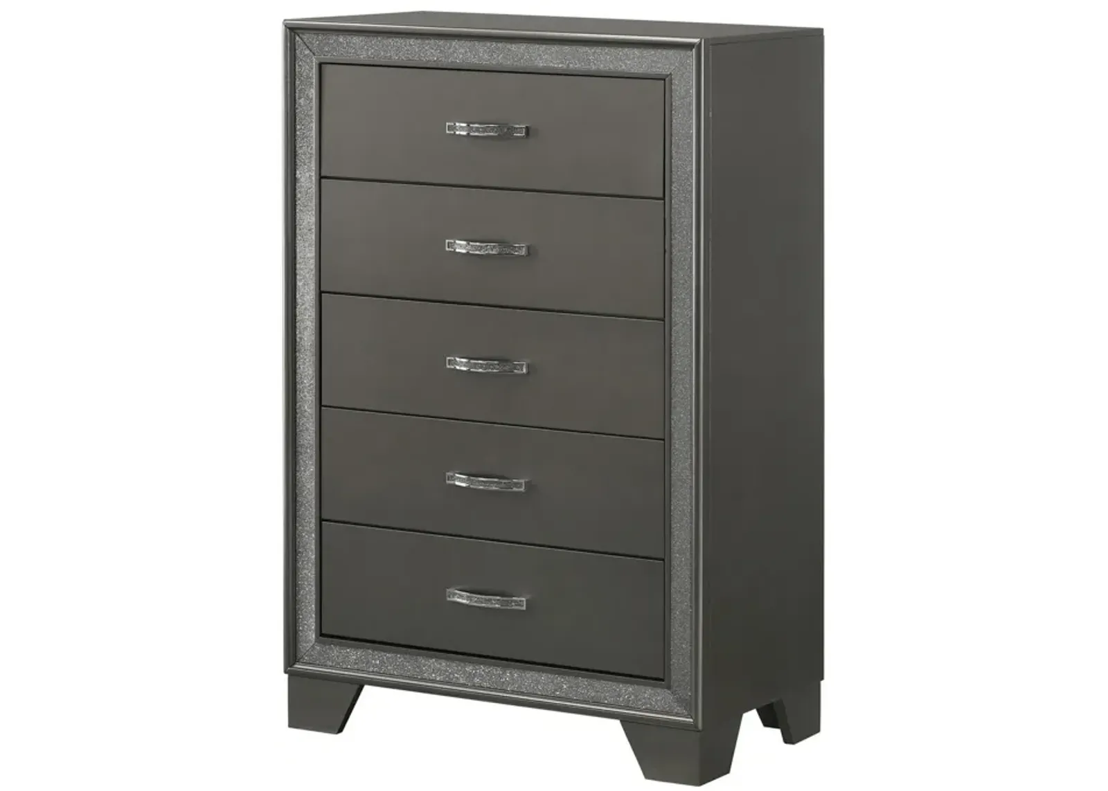 Zuka 47 Inch Tall 5 Drawer Dresser Chest, Faux Diamond Trim, Modern Gray-Benzara