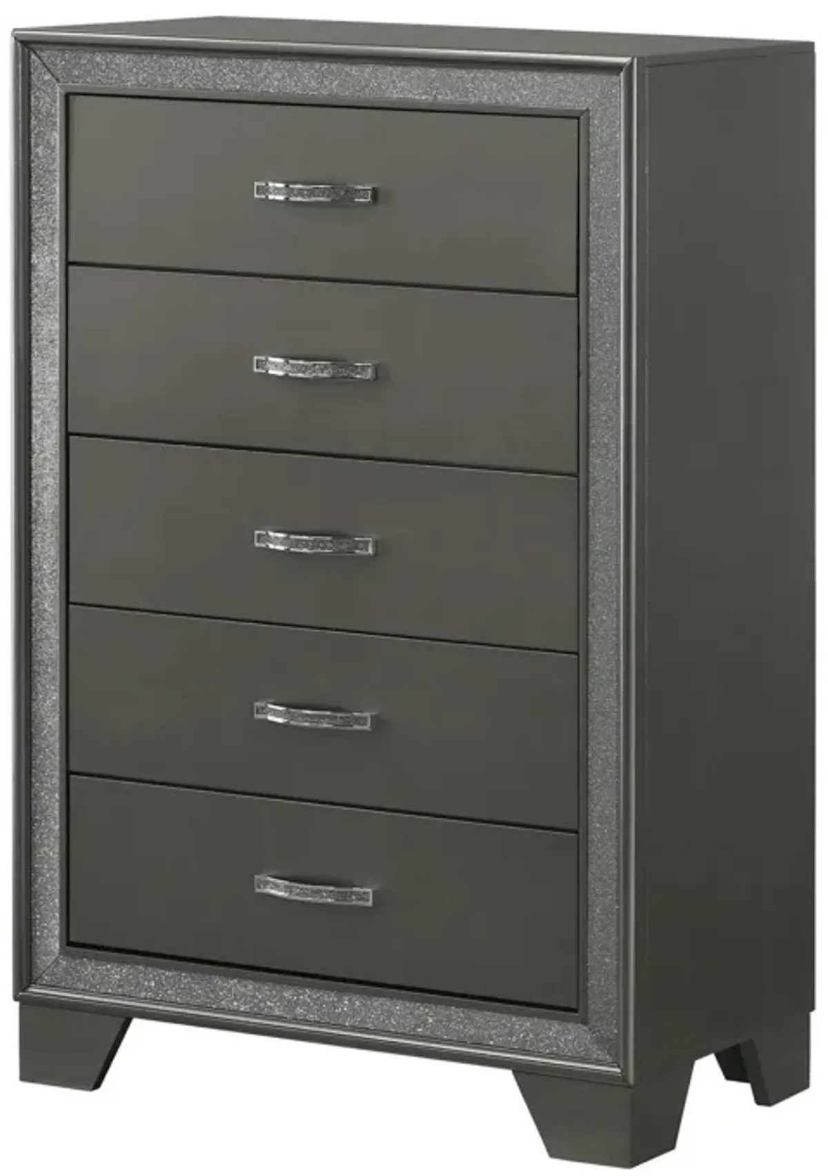 Zuka 47 Inch Tall 5 Drawer Dresser Chest, Faux Diamond Trim, Modern Gray-Benzara