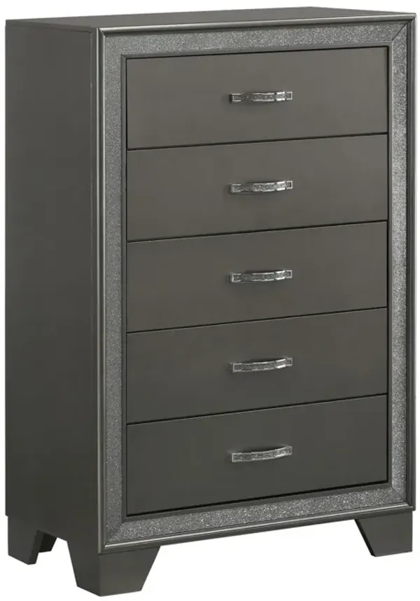 Kay 47 Inch Tall 5 Drawer Dresser Chest, Faux Diamond Trim, Modern Gray - Benzara
