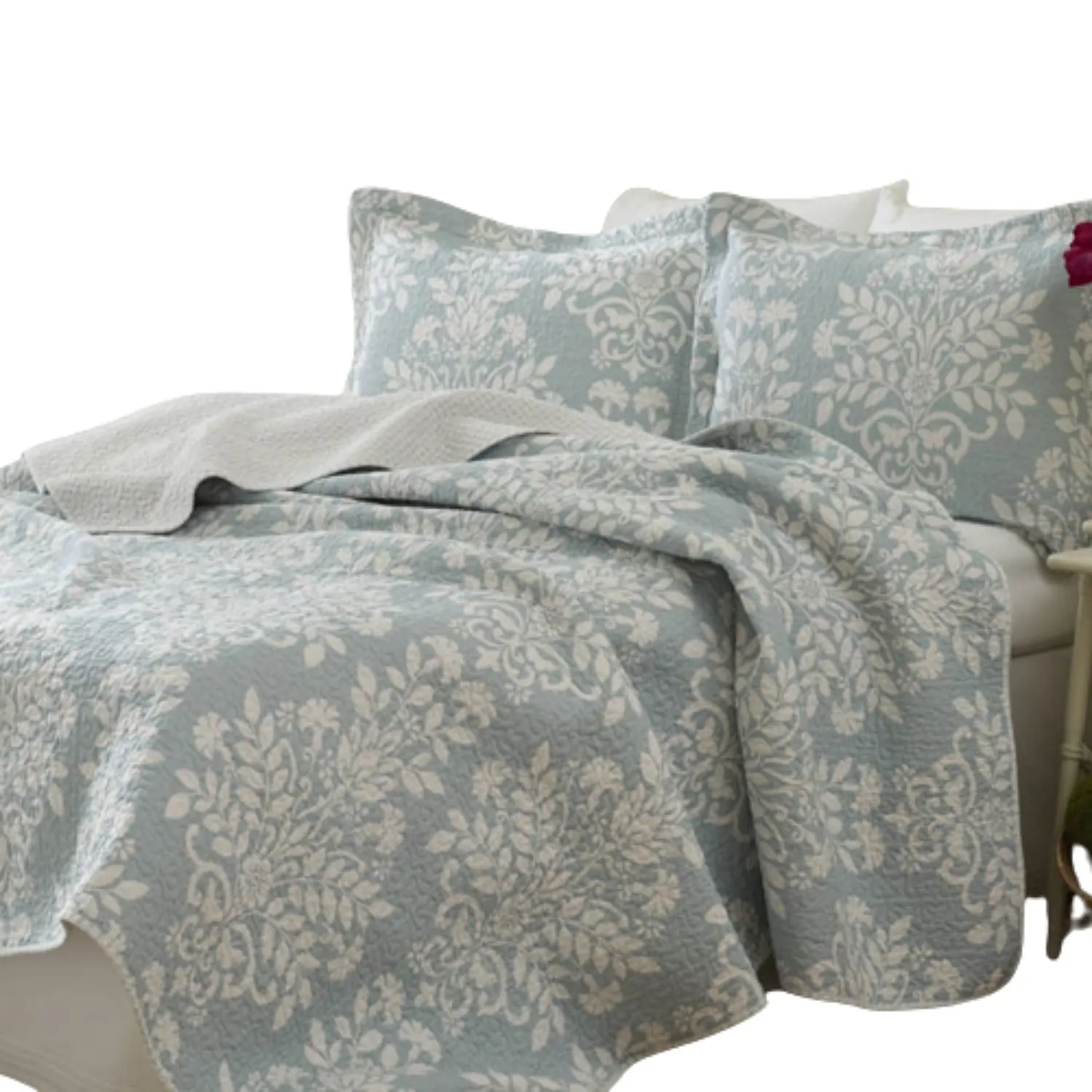 QuikFurn 100% Cotton King size 3-Piece Coverlet Quilt Set in Blue White Floral Pattern