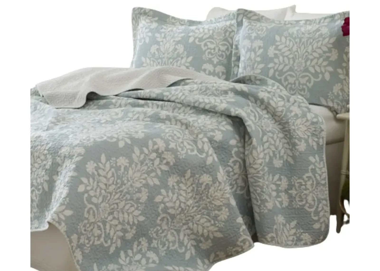 QuikFurn 100% Cotton King size 3-Piece Coverlet Quilt Set in Blue White Floral Pattern