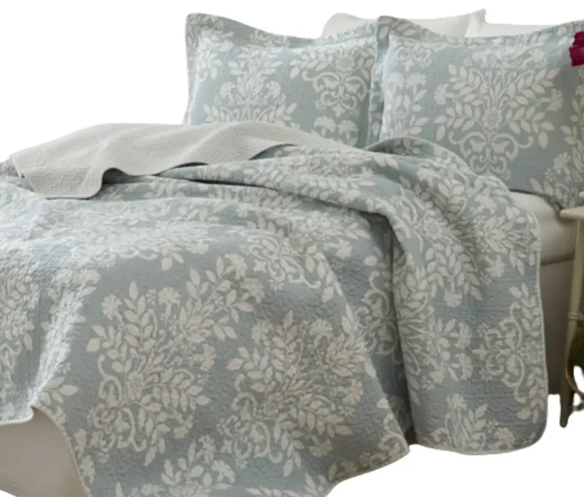 QuikFurn 100% Cotton King size 3-Piece Coverlet Quilt Set in Blue White Floral Pattern