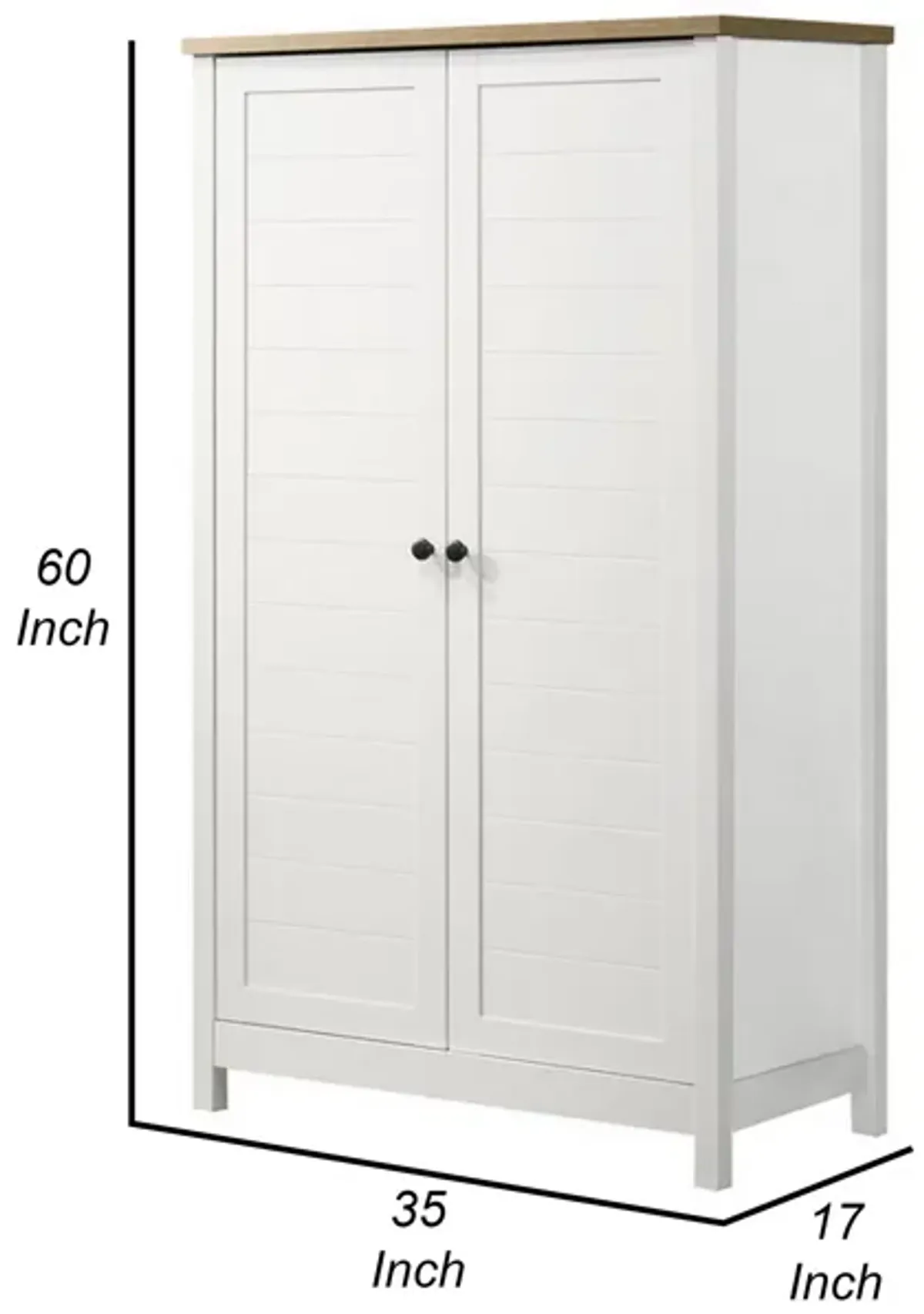 Aie 60 Inch Storage Cabinet, Framed Slatted Panel Doors, White, Brown Wood - Benzara