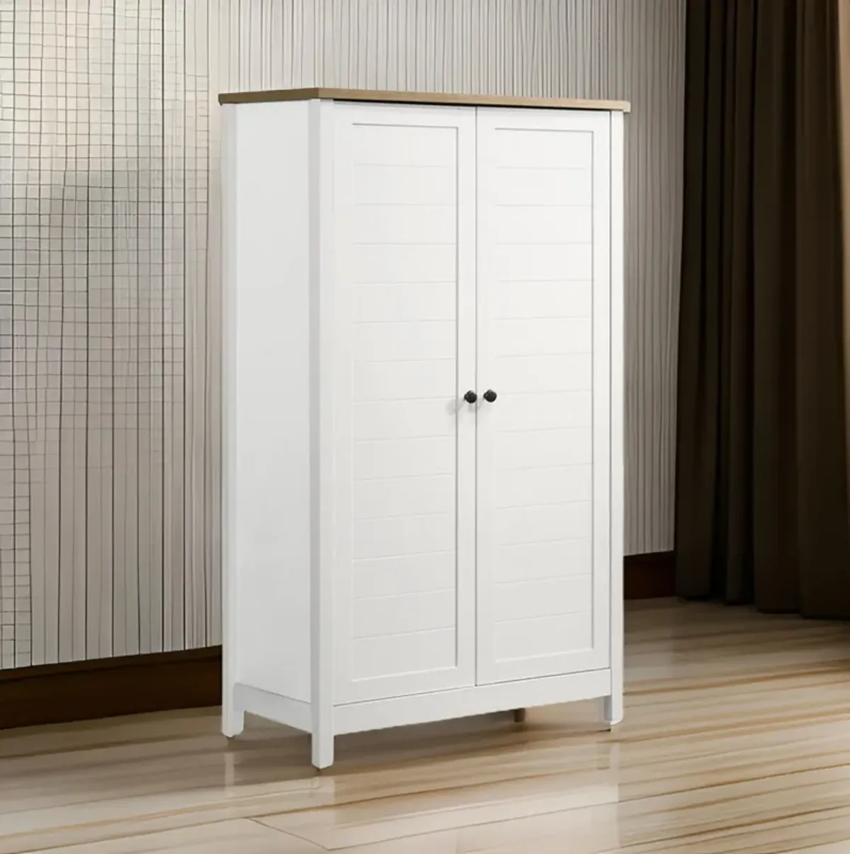 Aie 60 Inch Storage Cabinet, Framed Slatted Panel Doors, White, Brown Wood - Benzara