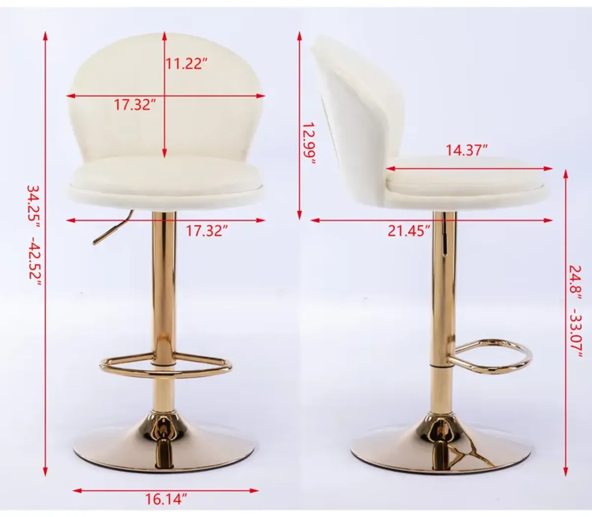 Set of 2 Bar Stools, with Chrome Footrest and Base Swivel Height Adjustable Mechanical Lifting Velvet + Golden Leg Simple Bar Stool-Cream