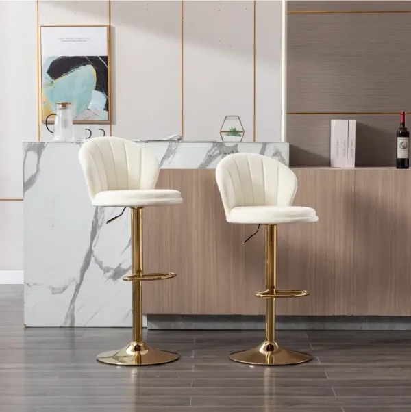 Set of 2 Bar Stools, with Chrome Footrest and Base Swivel Height Adjustable Mechanical Lifting Velvet + Golden Leg Simple Bar Stool-Cream