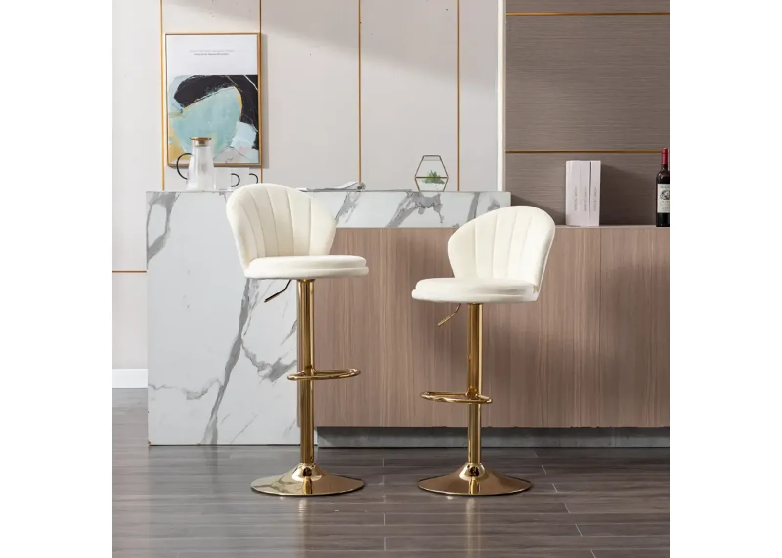 Set of 2 Bar Stools, with Chrome Footrest and Base Swivel Height Adjustable Mechanical Lifting Velvet + Golden Leg Simple Bar Stool-Cream