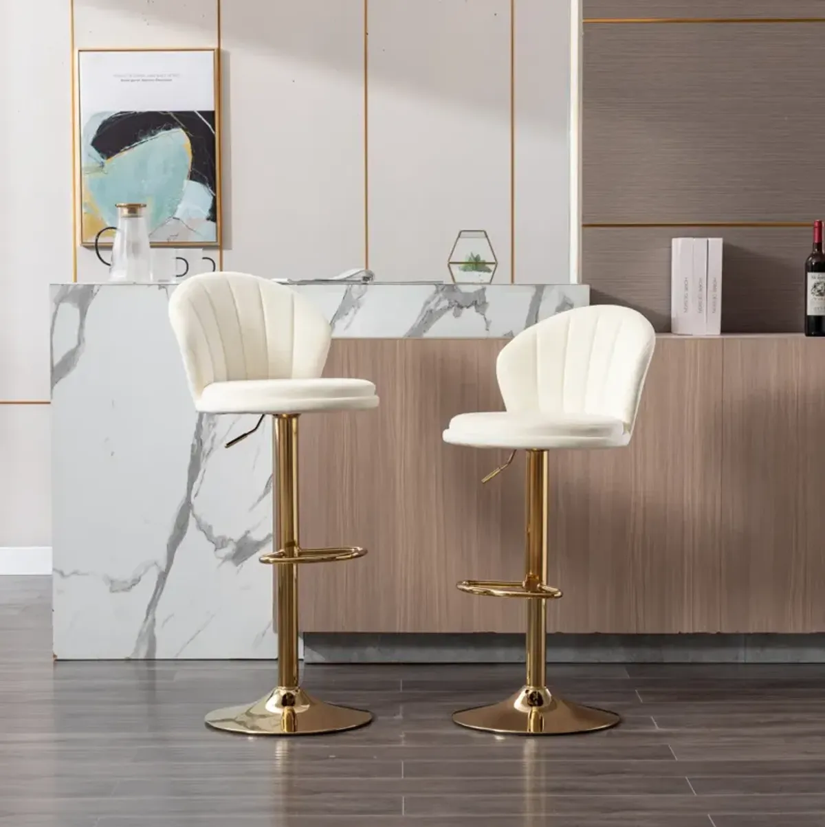 Set of 2 Bar Stools, with Chrome Footrest and Base Swivel Height Adjustable Mechanical Lifting Velvet + Golden Leg Simple Bar Stool-Cream