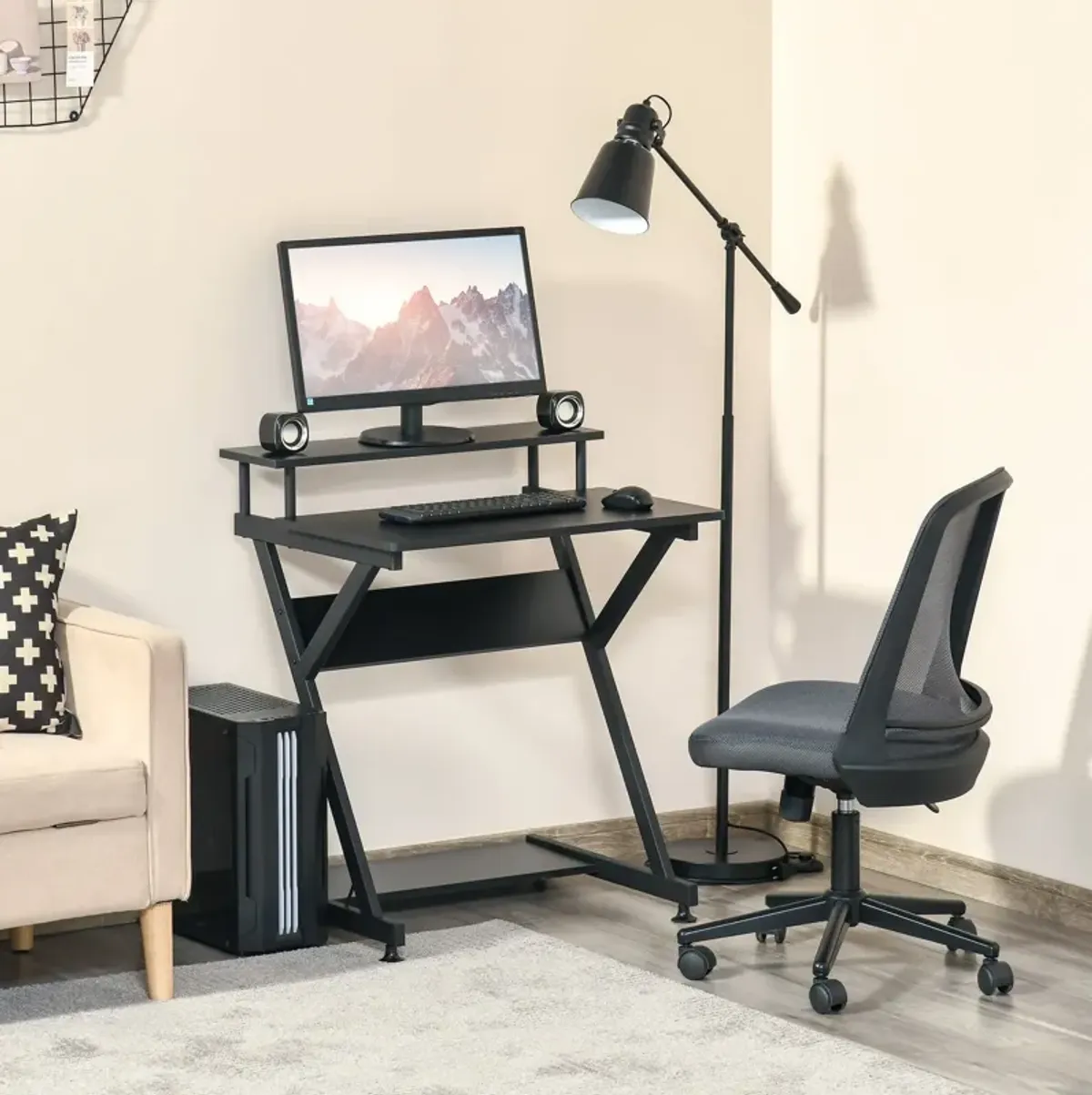 Black Home Office: Industrial R-Shaped Desk with Monitor Shelf