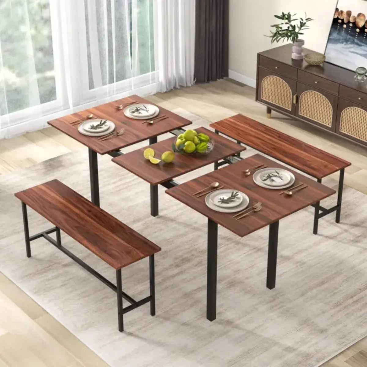 3 Piece Dining Table Set for 4-6 with 2 Benches