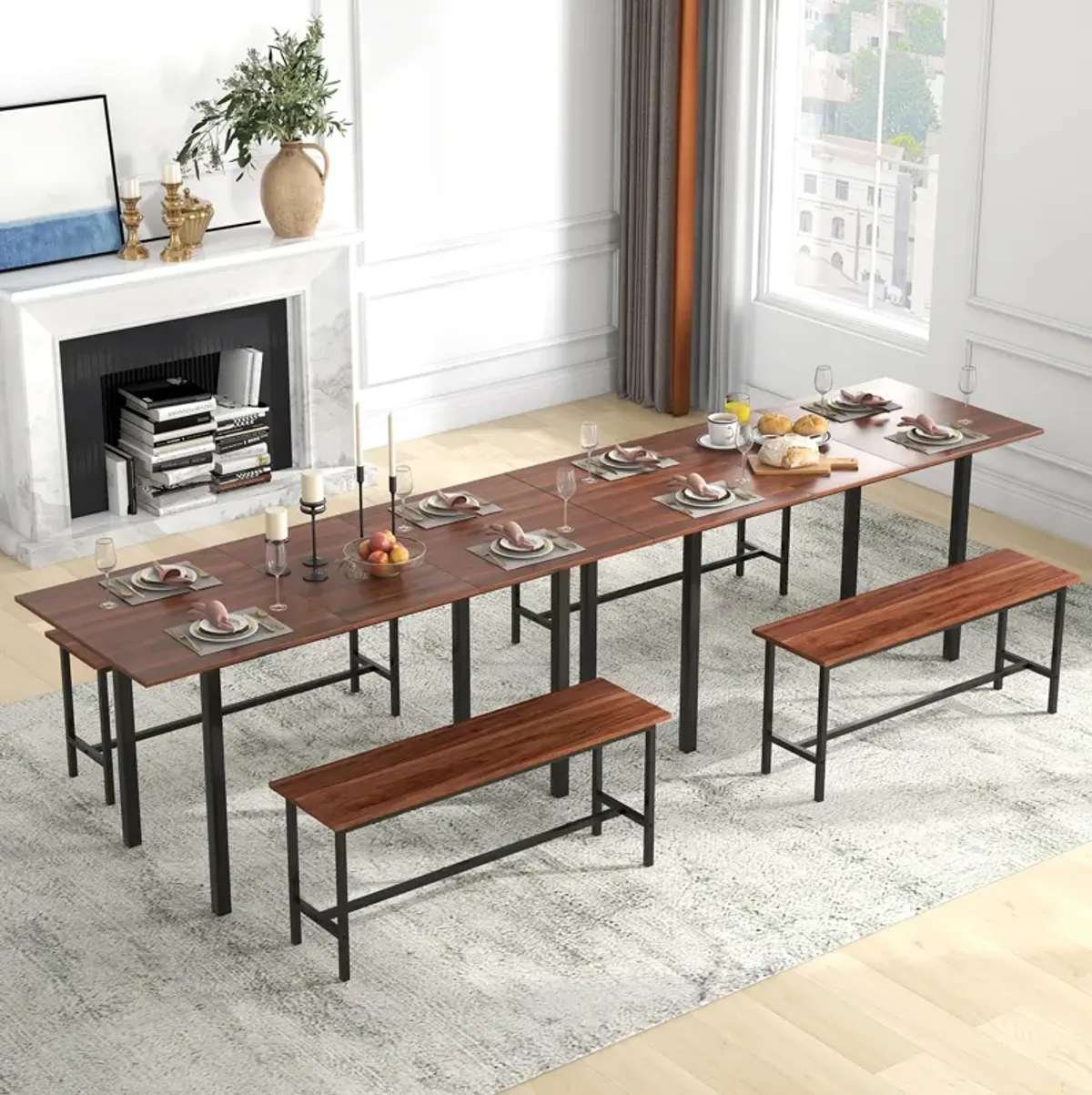 3 Piece Dining Table Set for 4-6 with 2 Benches