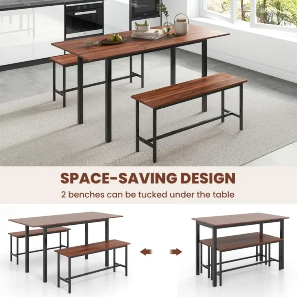 3 Piece Dining Table Set for 4-6 with 2 Benches