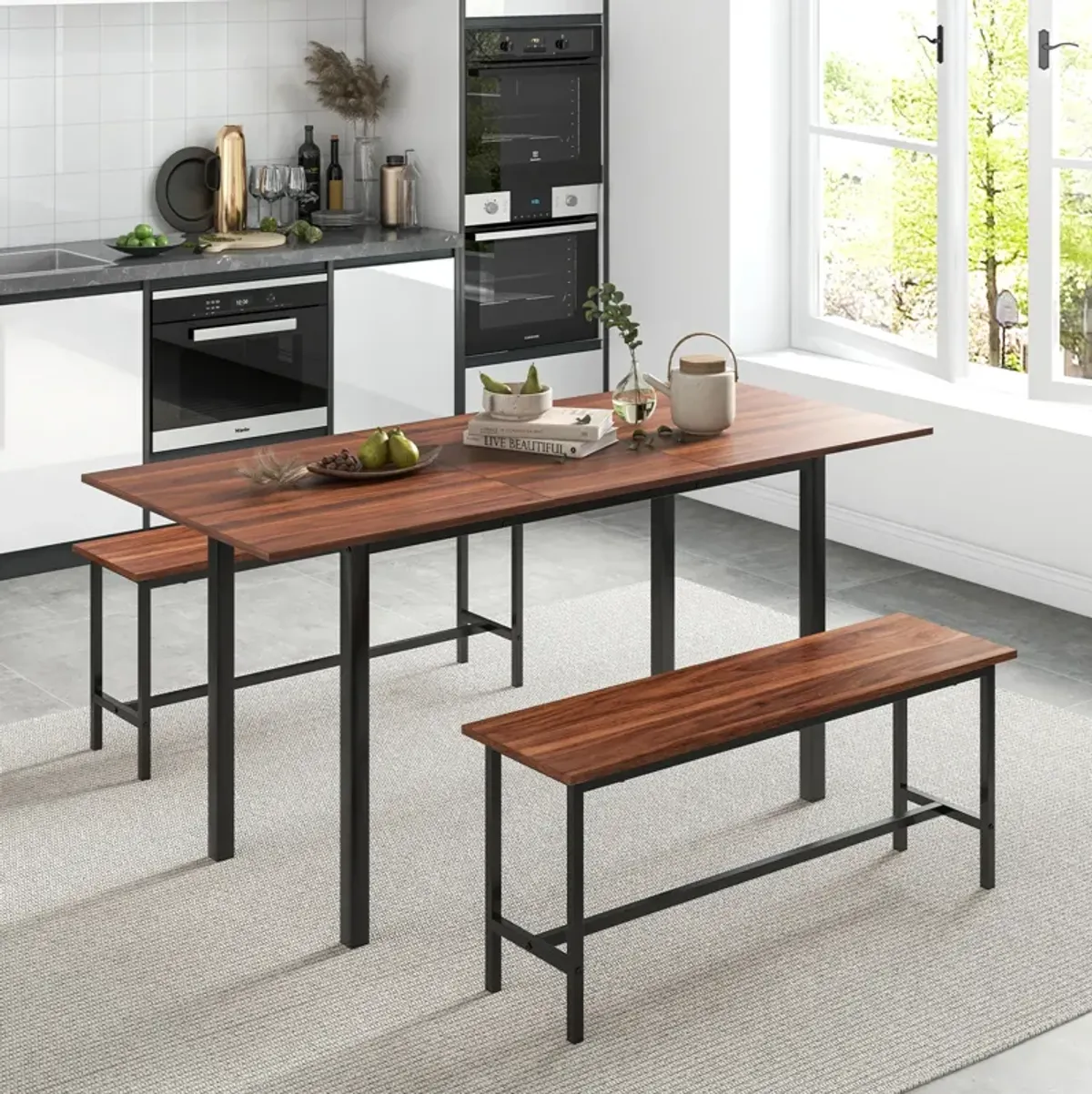 3 Piece Dining Table Set for 4-6 with 2 Benches