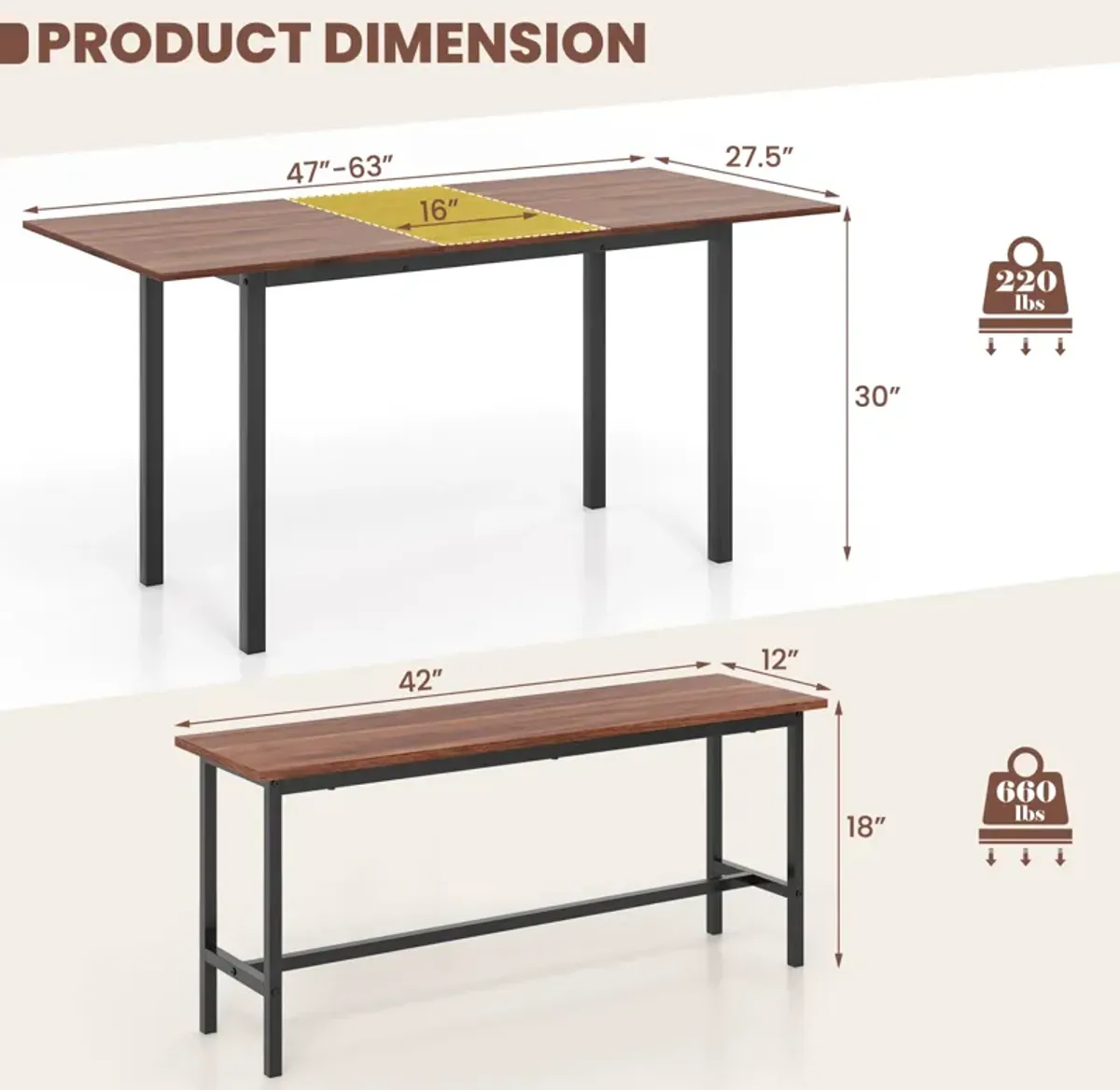 3 Piece Dining Table Set for 4-6 with 2 Benches