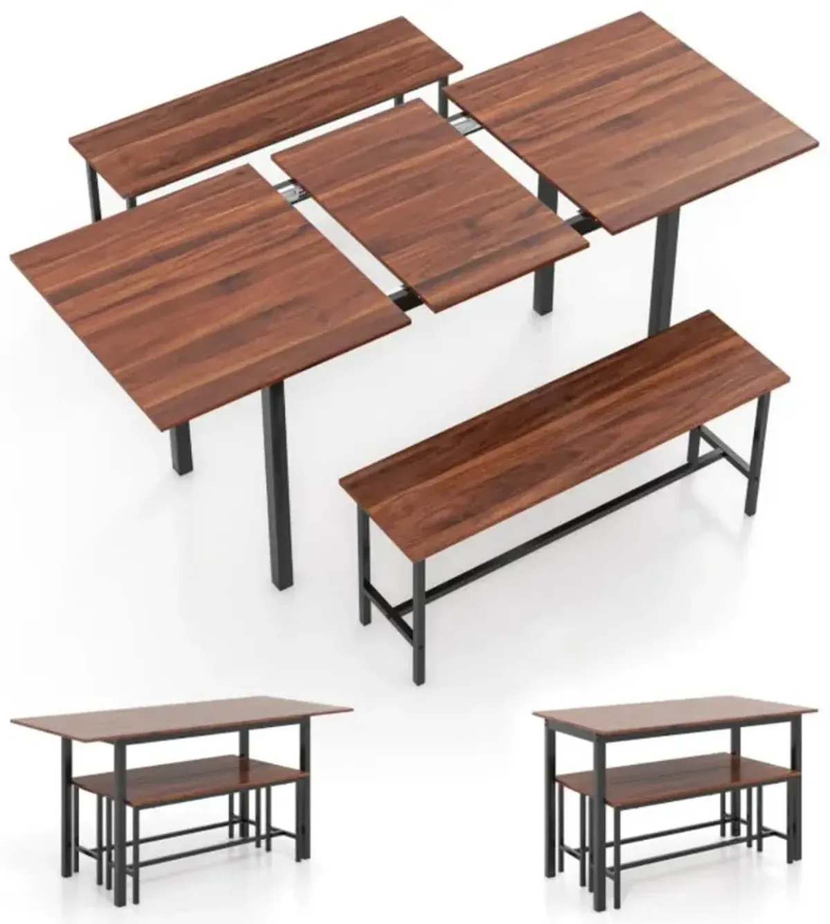 3 Piece Dining Table Set for 4-6 with 2 Benches