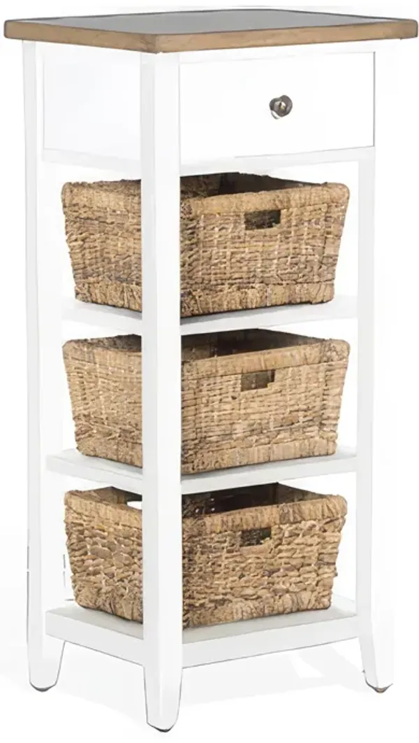 Livy Storage Rack End Table with 3 Natural Brown Rattan Baskets, White - Benzara