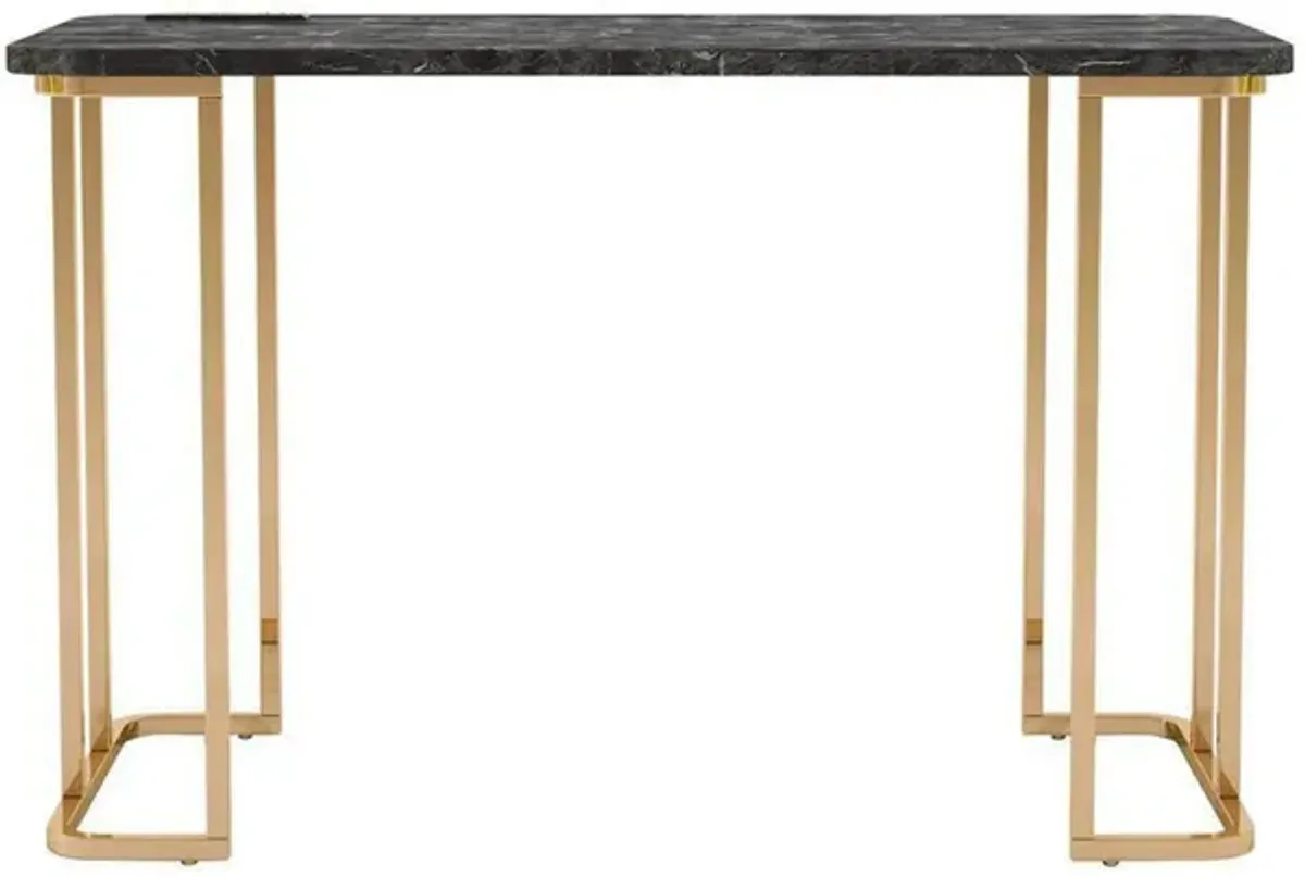 Jenny 47 Inch Desk, USB Power Outlet, Gold Metal Legs, Black Faux Marble - Benzara