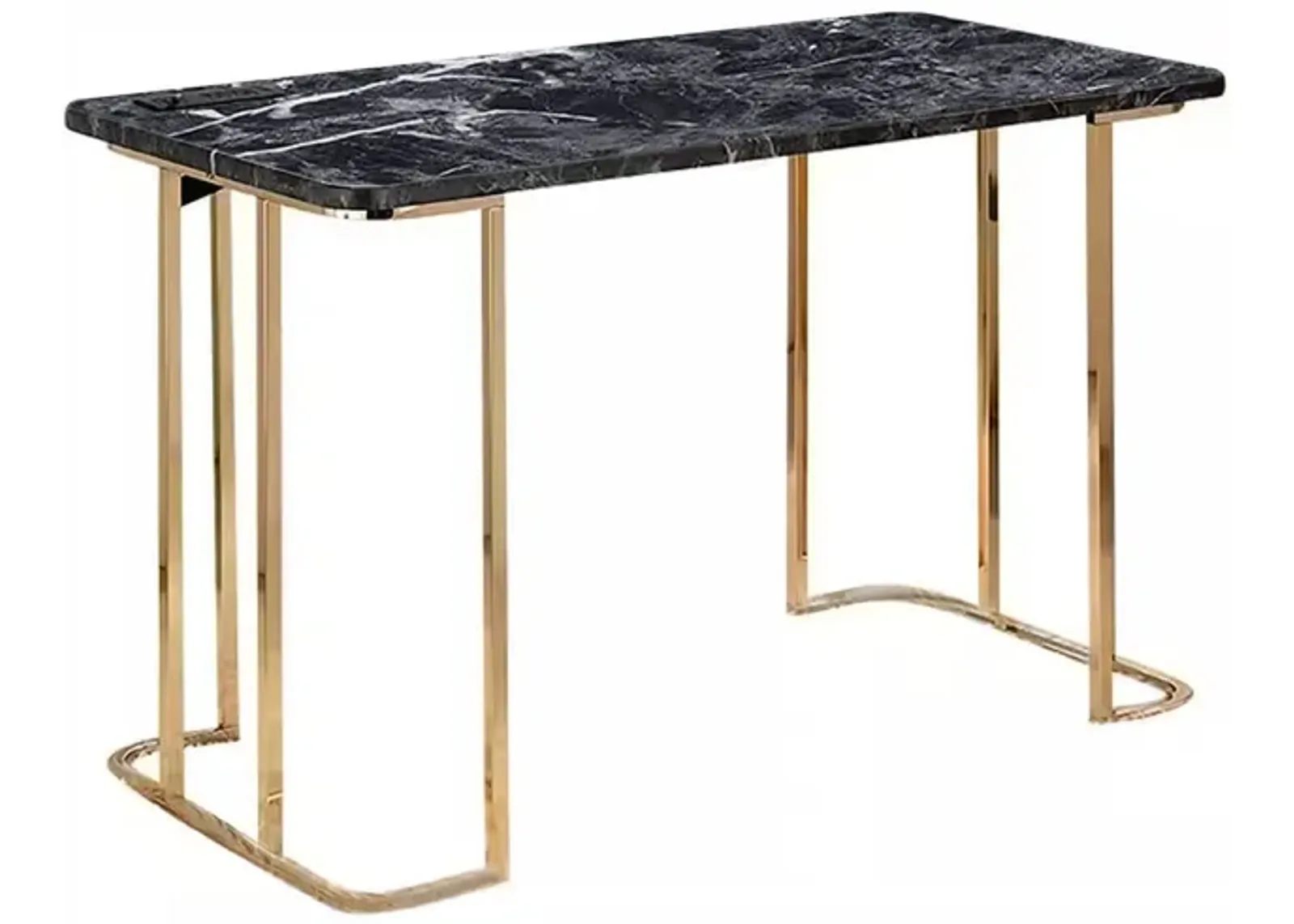 Jenny 47 Inch Desk, USB Power Outlet, Gold Metal Legs, Black Faux Marble - Benzara