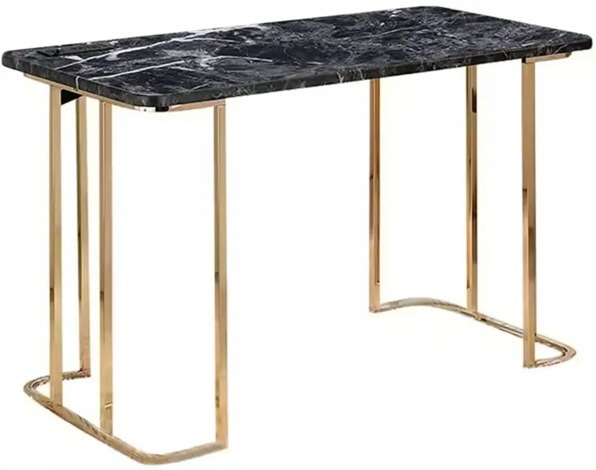 Jenny 47 Inch Desk, USB Power Outlet, Gold Metal Legs, Black Faux Marble - Benzara