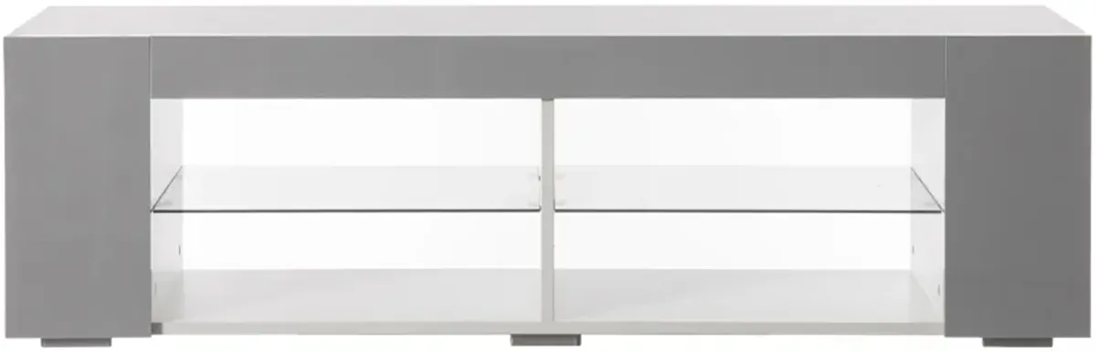 White Entertainment TV Stand with LED Lights and Glass Shelves with UV Frame