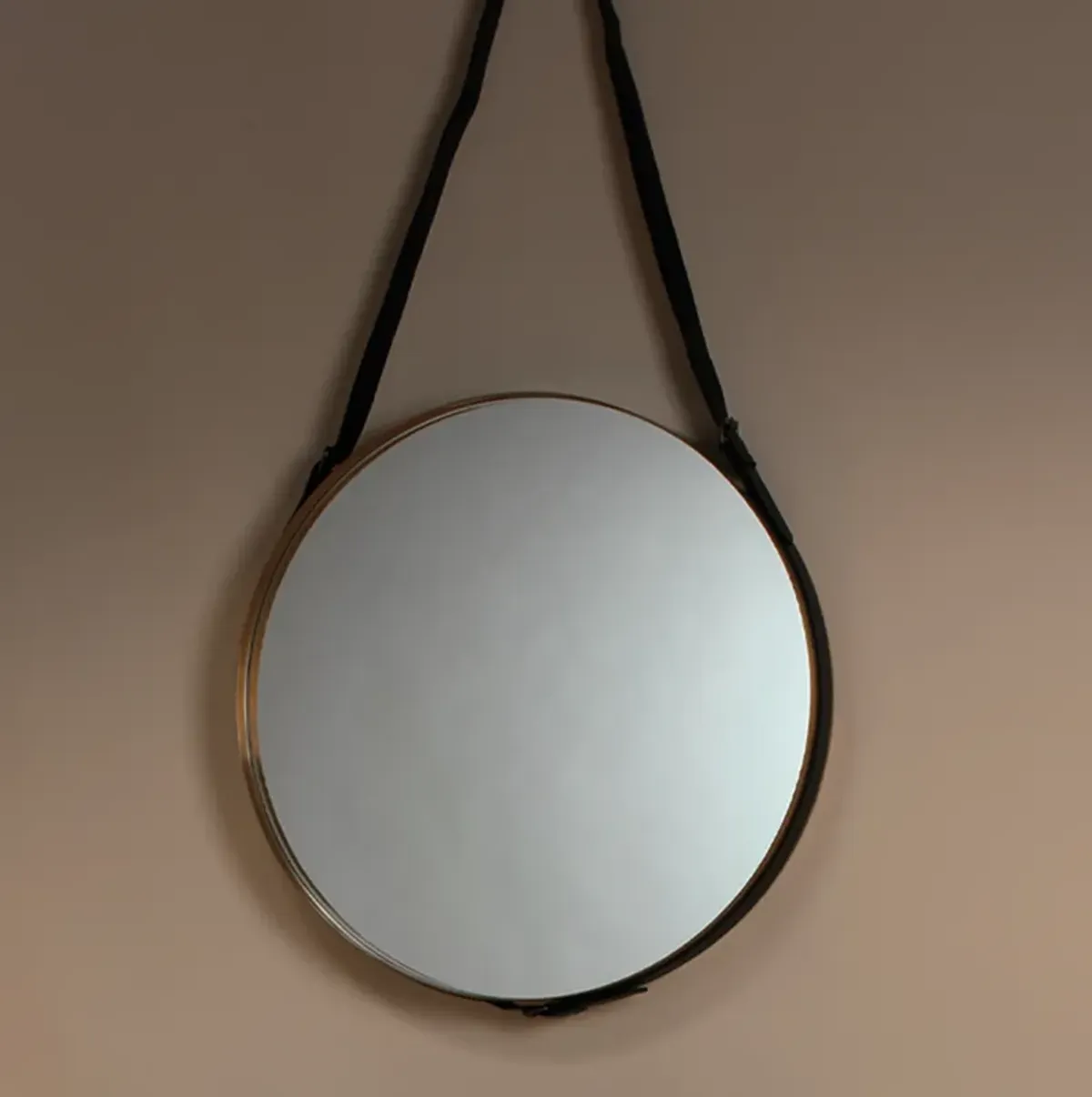 Round Steel Mirror, Antique Brass and Black Leather Strap