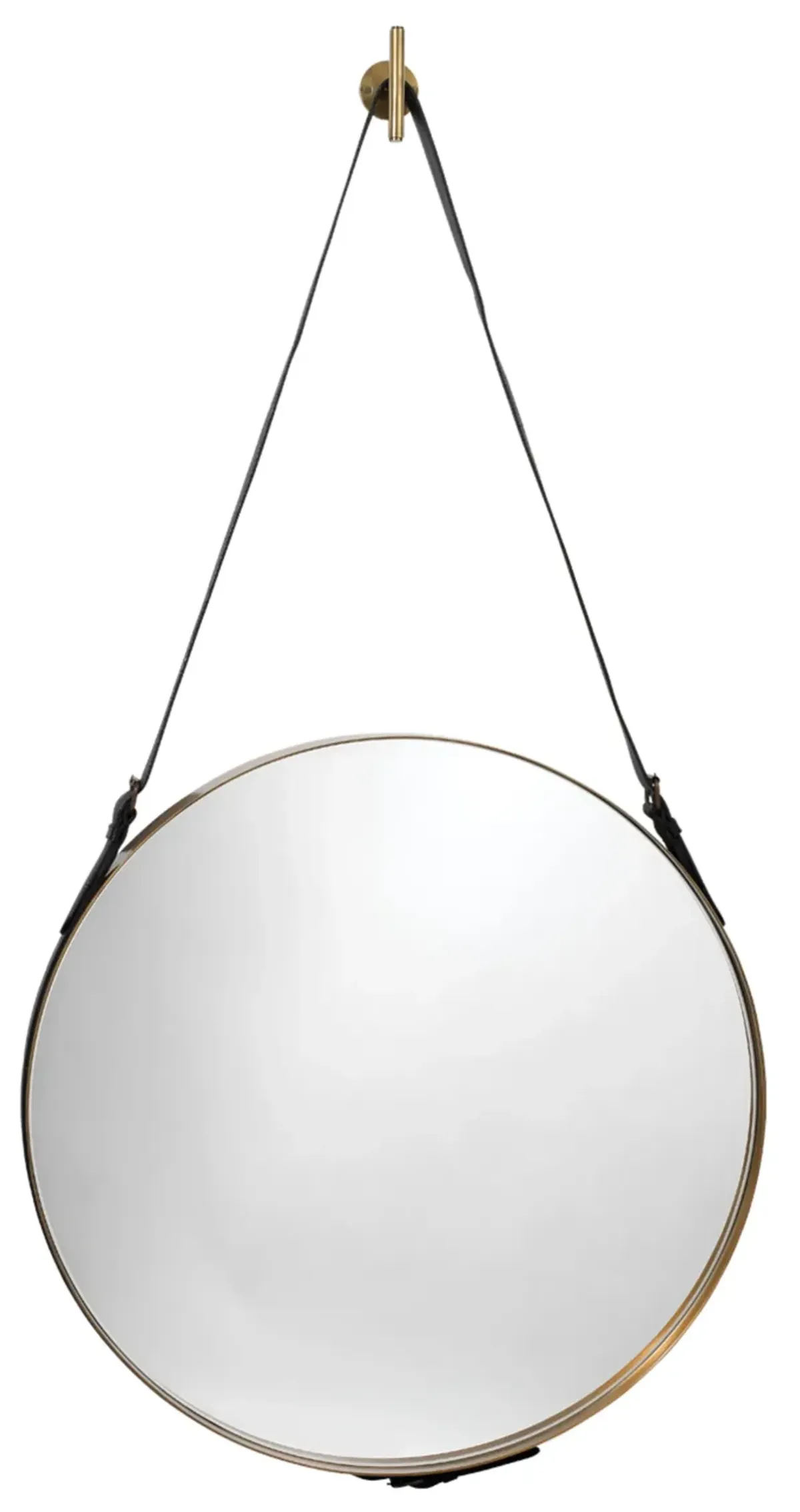 Round Steel Mirror, Antique Brass and Black Leather Strap
