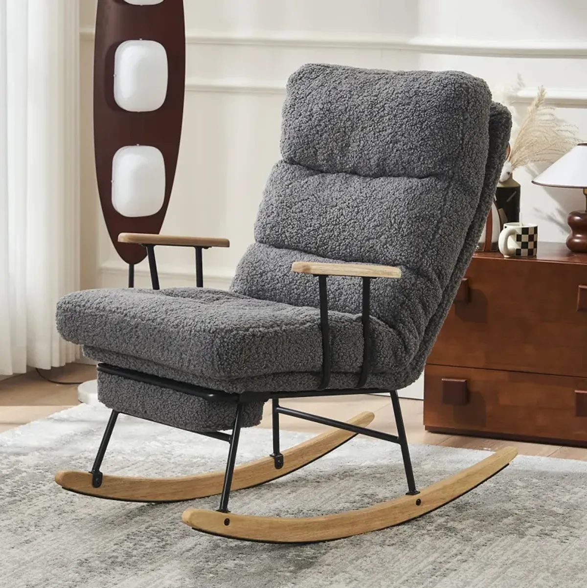 Modern Gray Glider Rocking Chair with Retractable Footrest and Adjustable Back Angle