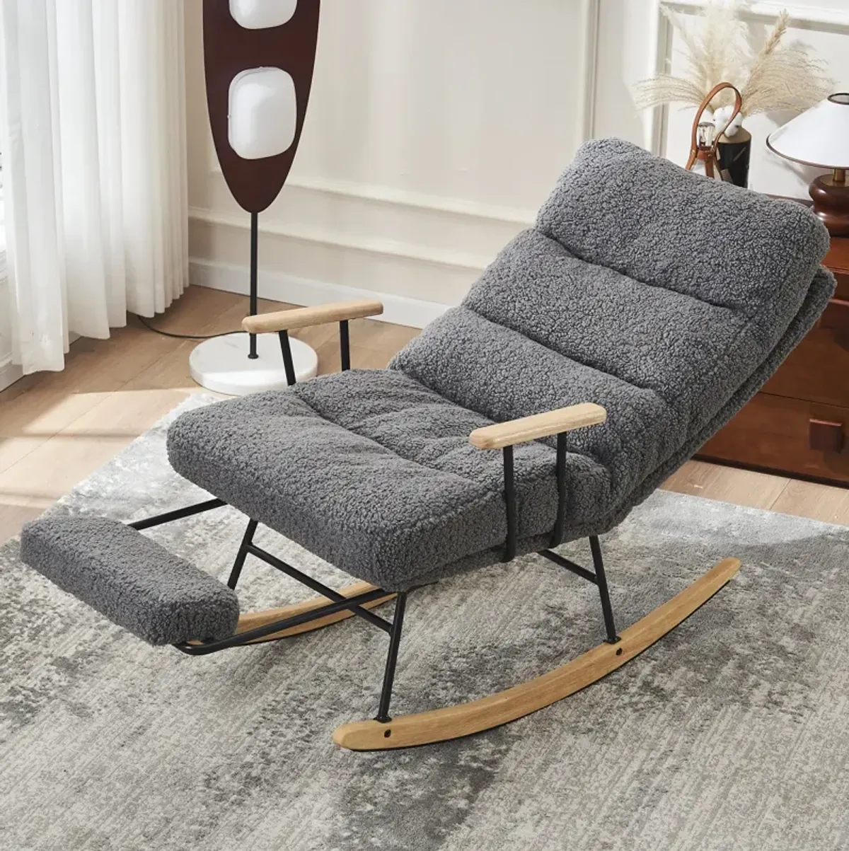 Modern Gray Glider Rocking Chair with Retractable Footrest and Adjustable Back Angle