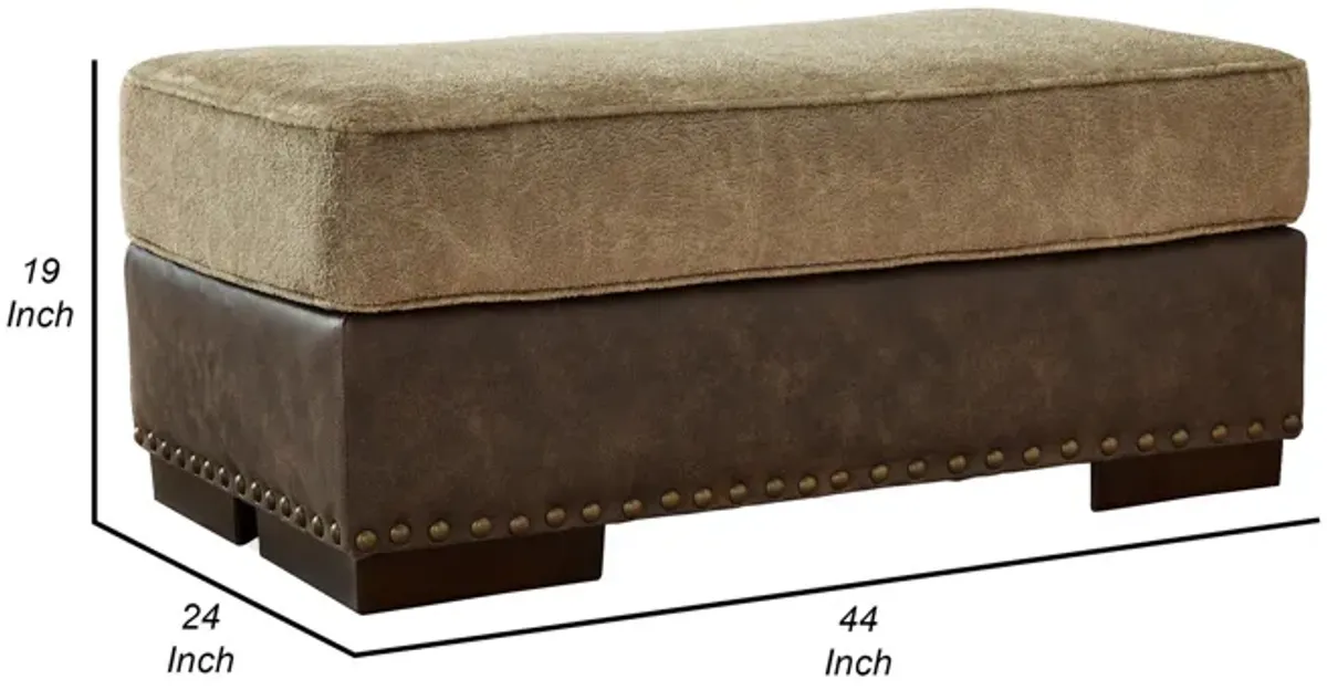 Srie 44 Inch Ottoman, Nailhead Trim, Plush, Faux Leather, Dual Tone Brown - Benzara