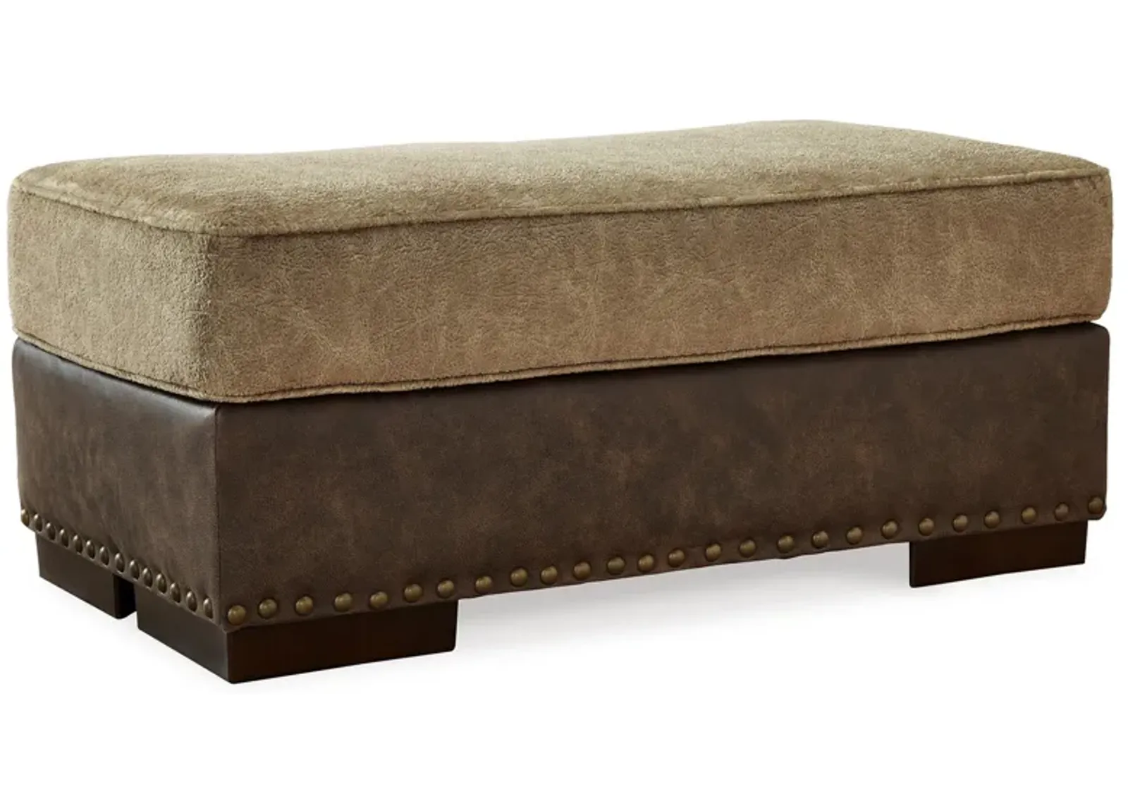 Srie 44 Inch Ottoman, Nailhead Trim, Plush, Faux Leather, Dual Tone Brown - Benzara