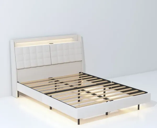 Queen Floating Bed Frame with LED Light and Charging Station Upholstered Platform Bed Frame Queen Size with Headboard and Hidden Storage Space, No Box Spring Needed, Beige