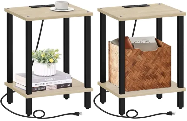 TUTOTAK End Table with Charging Station, Set of 2, Side Table with USB Ports and Outlets, Nightstand, 2-Tier Storage Shelf, Sofa