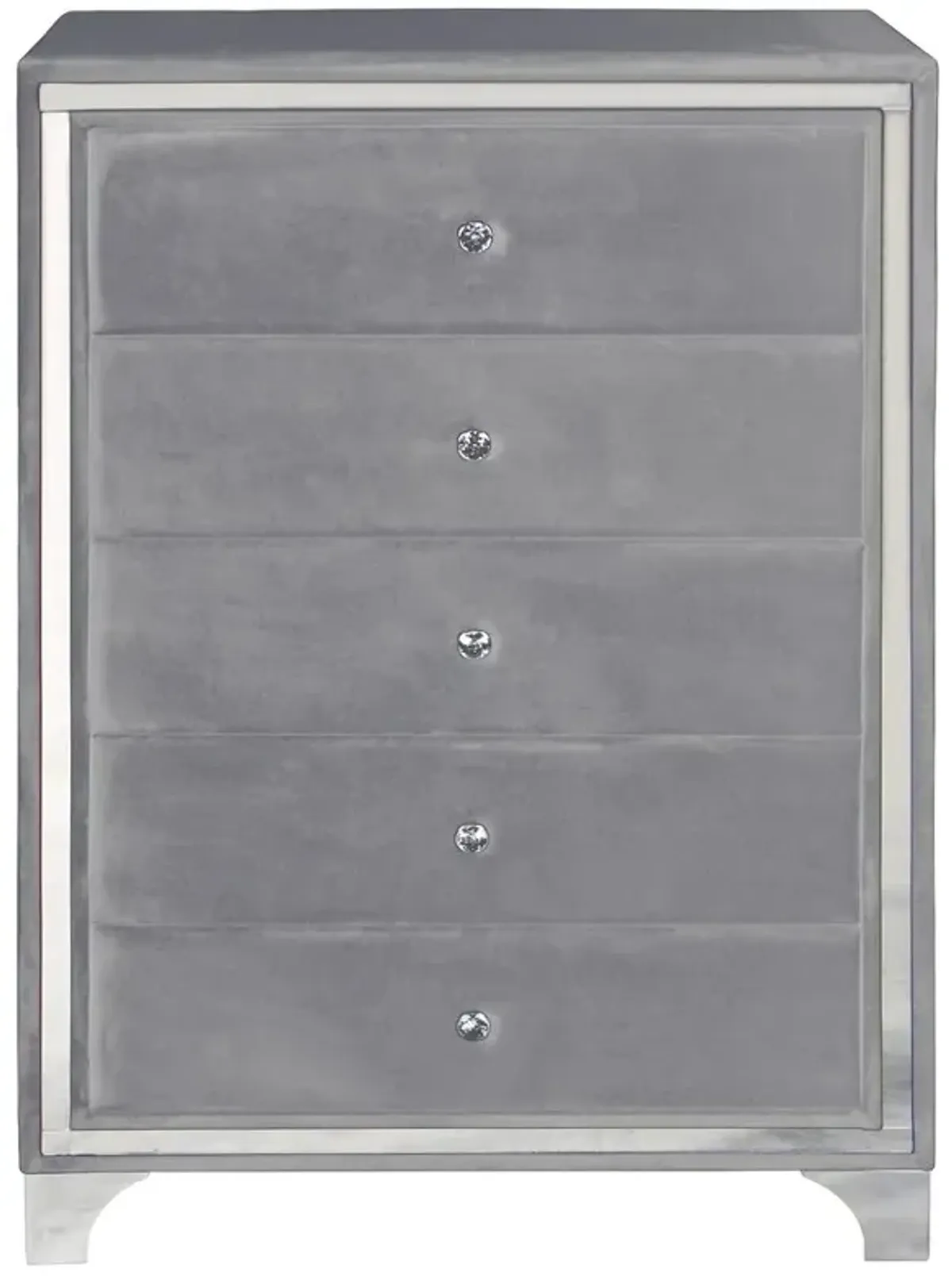 Better Home Products Monica Velvet Upholstered 5 Drawer Chest Dresser in Gray