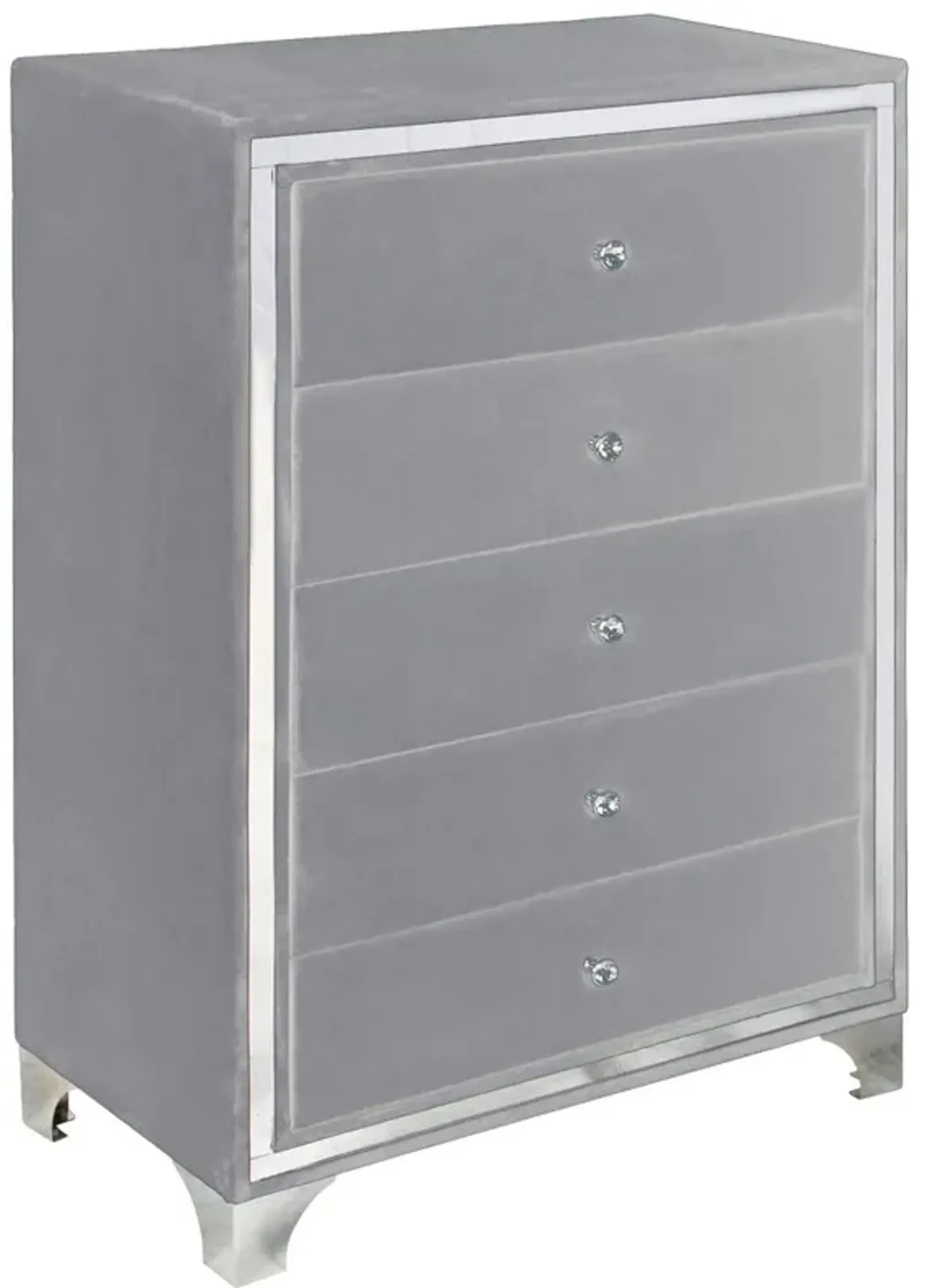 Better Home Products Monica Velvet Upholstered 5 Drawer Chest Dresser in Gray