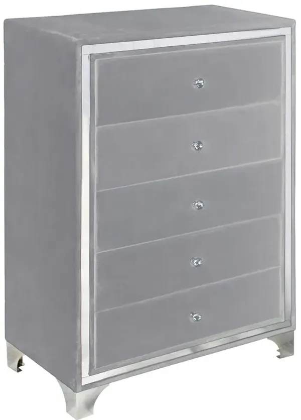 Better Home Products Monica Velvet Upholstered 5 Drawer Chest Dresser in Gray
