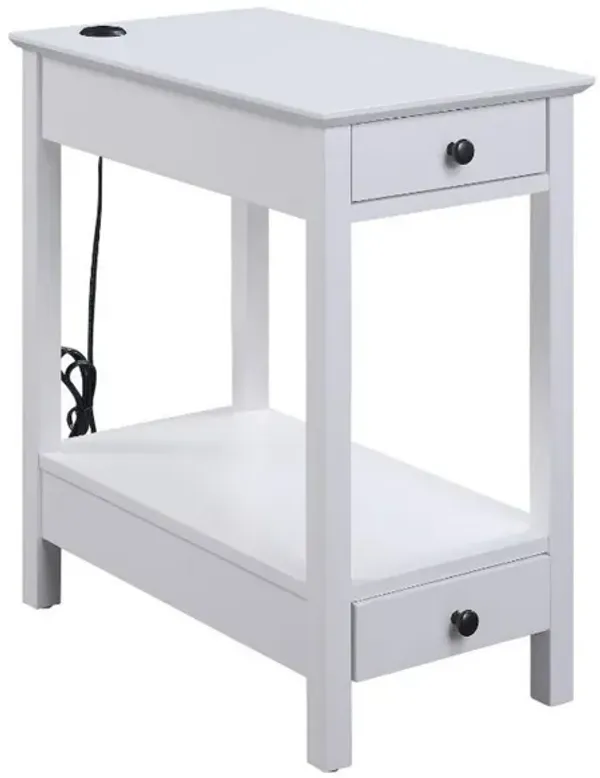 Benjara Zina 24 Inch Accent Side Table, 2 Drawers, White Pine Wood, USB Charger