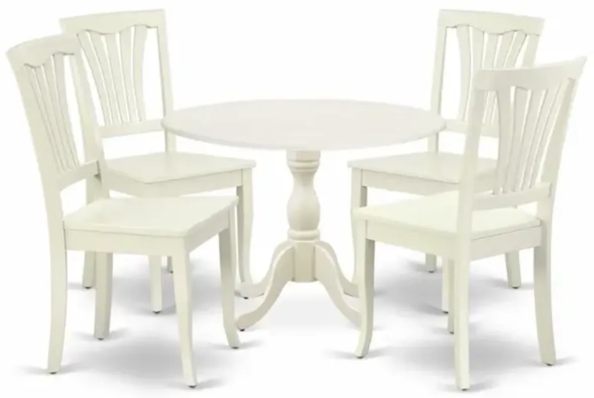 East West Furniture DMAV5-LWH-W 5 Piece Dining Room Set Contains 1 Drop Leaves Dining Room Table and 4 Linen White Kitchen Chairs with Slatted Back - Linen White Finish