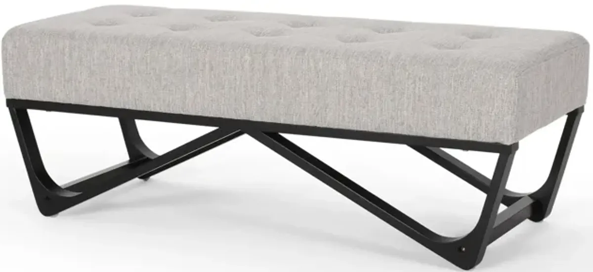 Liba Ottoman Bench, Button Tufted Beige Fabric, Black Frame, 47 Inch -Benzara