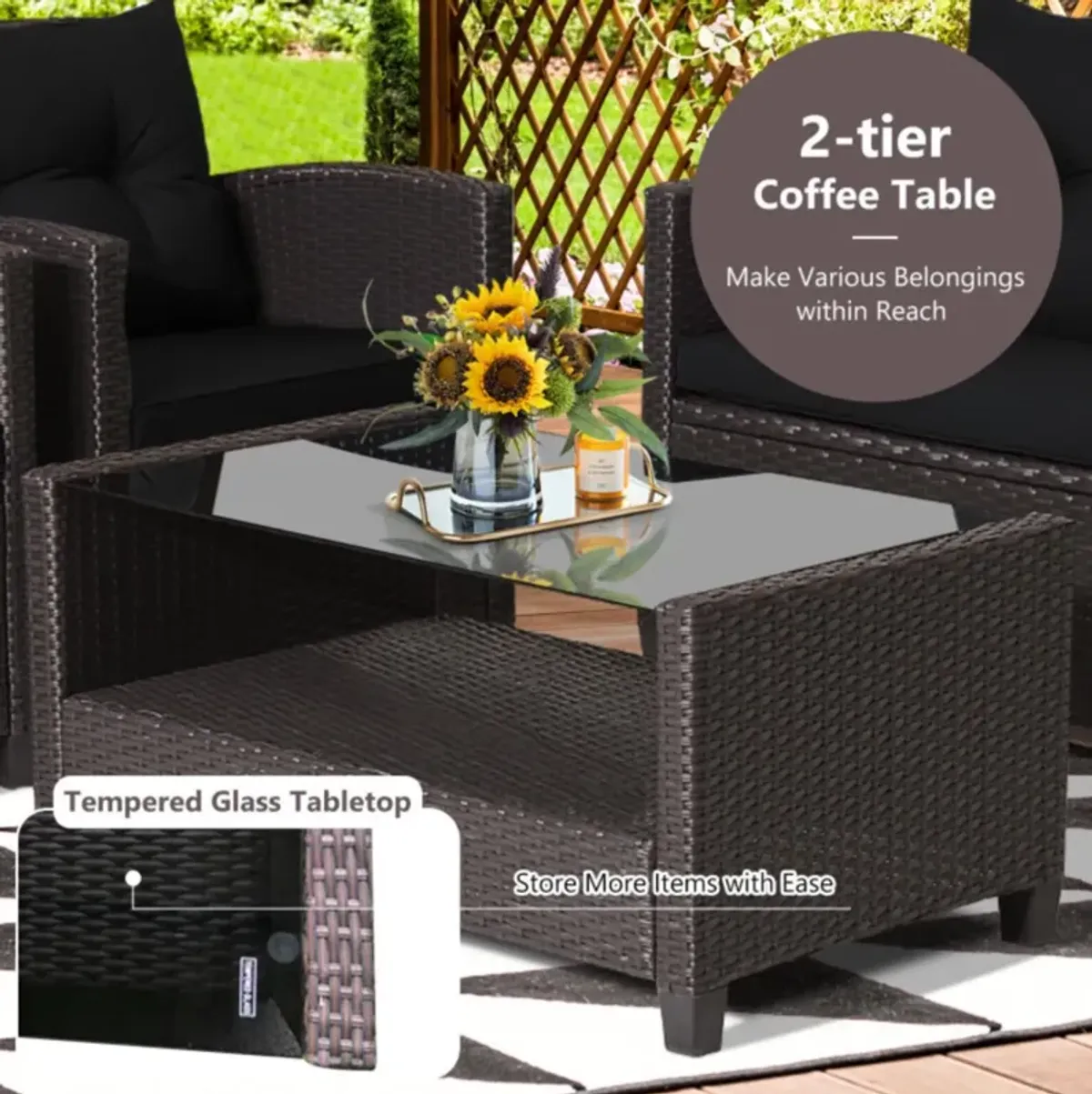 Hivvago 4 Pieces Patio Rattan Furniture Set with Tempered Glass Coffee Table